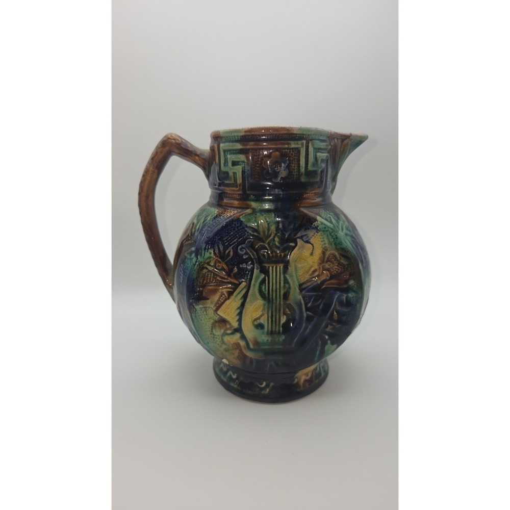 Vintage Antique Victorian Majolica Pitcher Blue Green Brown